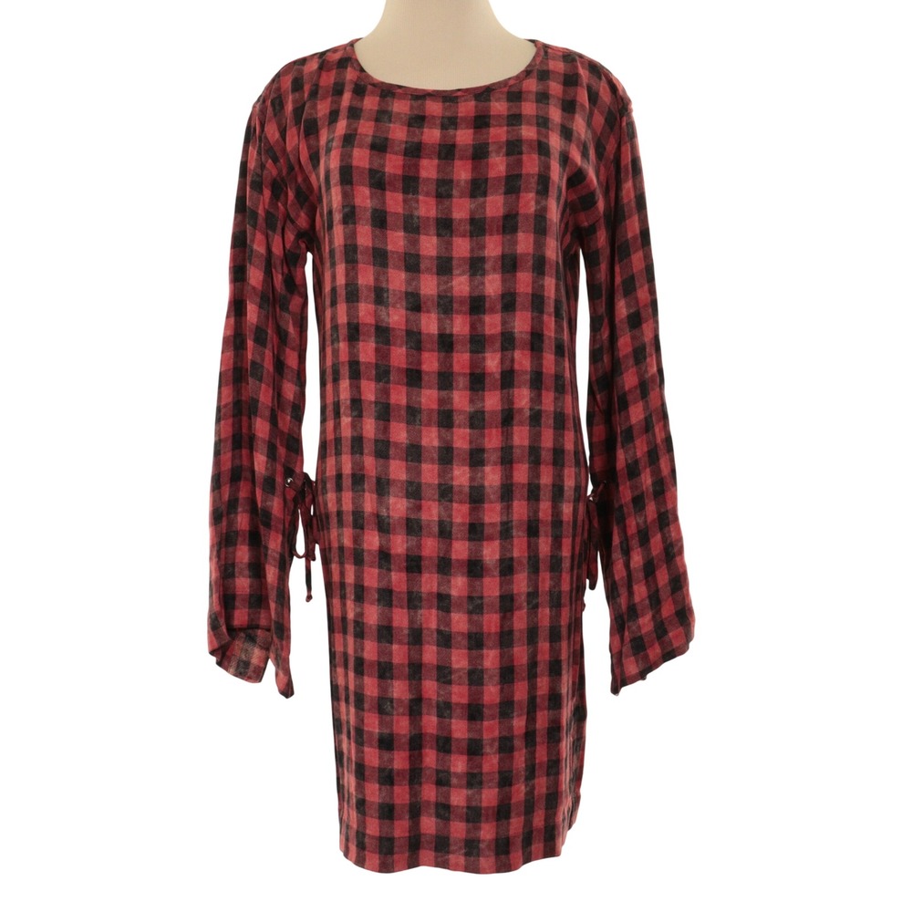Bella Dahl Plaid Dress Women S Bell Sleeve Tie Shift Red Black Grunge Skater USA